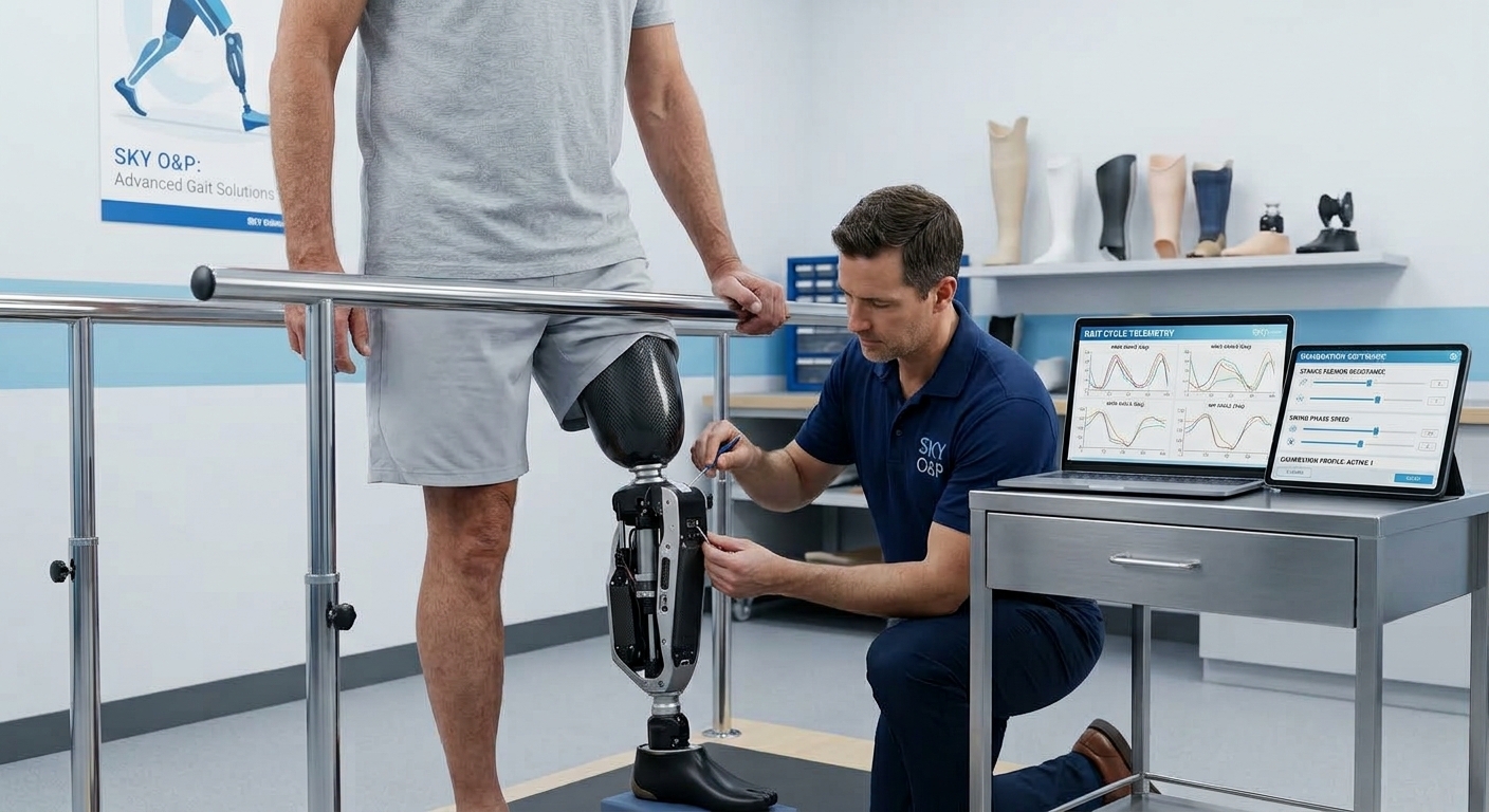 SKY O&P prosthetist programming and adjusting a microprocessor prosthetic knee